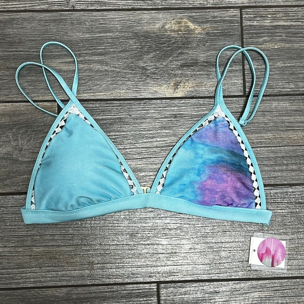 NWT Raisins Sunshine Fixed Tri Bikini Swim Top Large Juniors Blue Crochet Trim - Picture 2 of 14